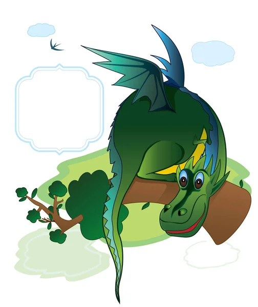 Carte Avec Dragon Dessiné Main Mignon Sur Branche Arbre Vecteur — Image vectorielle