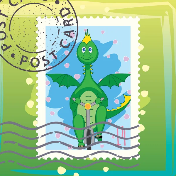 Carimbo Postal Com Mão Desenhada Dragão Andar Bicicleta Vetor Ilustração — Vetor de Stock