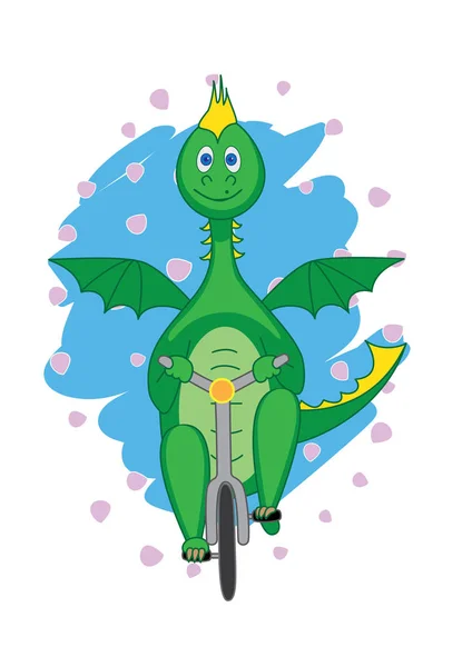 Tarjeta Con Mano Dibujado Lindo Dragón Montar Bicicleta Vector Ilustración — Vector de stock