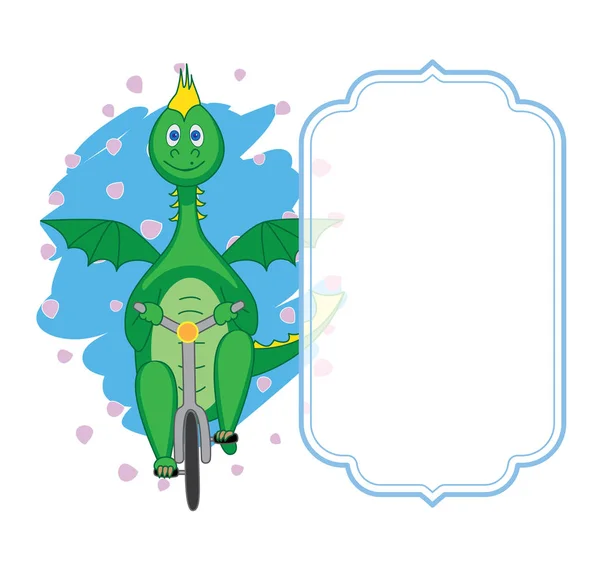 Tarjeta Con Mano Dibujado Lindo Dragón Montar Bicicleta Vector Ilustración — Vector de stock