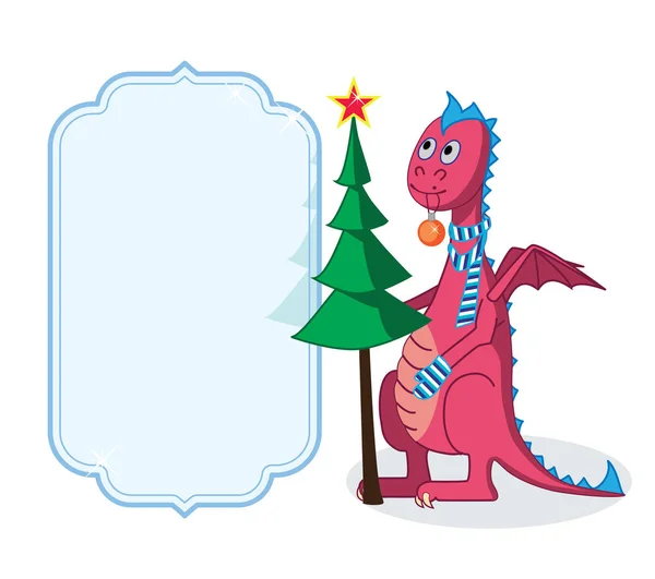 Cartoncino Con Drago Disegnato Mano Palla Natale Bocca Contenente Pino — Vettoriale Stock