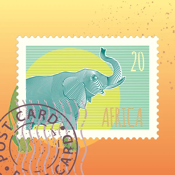 Carimbo Postal Com Elefante Vetor Ilustração —  Vetores de Stock