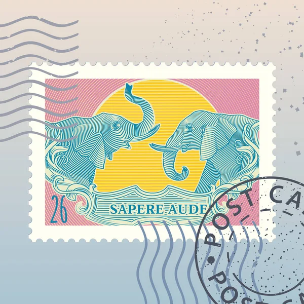 Carimbo Postal Com Elefantes Vetor Ilustração —  Vetores de Stock