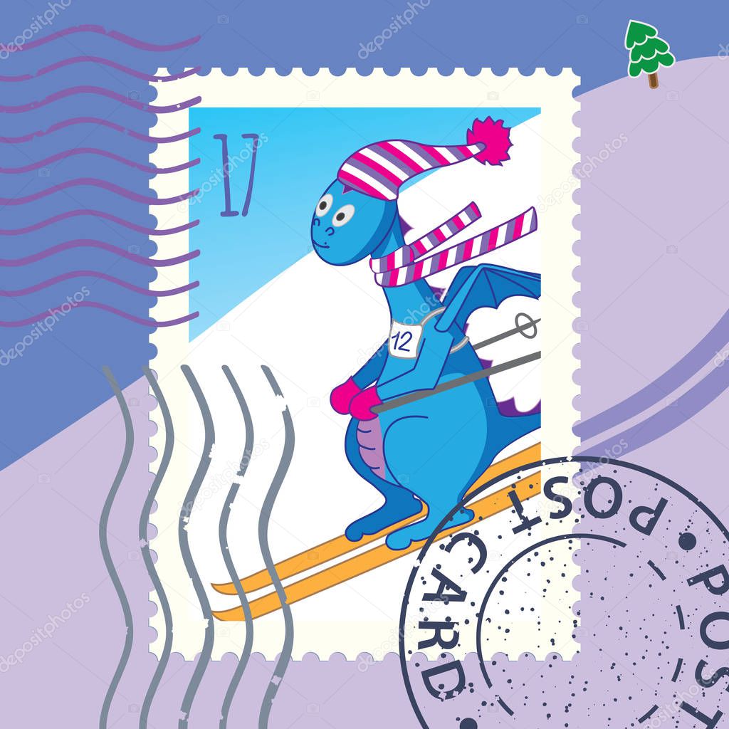 Postage stamp with hand drawn dragon skiing on snowy slope, vector, illustration 