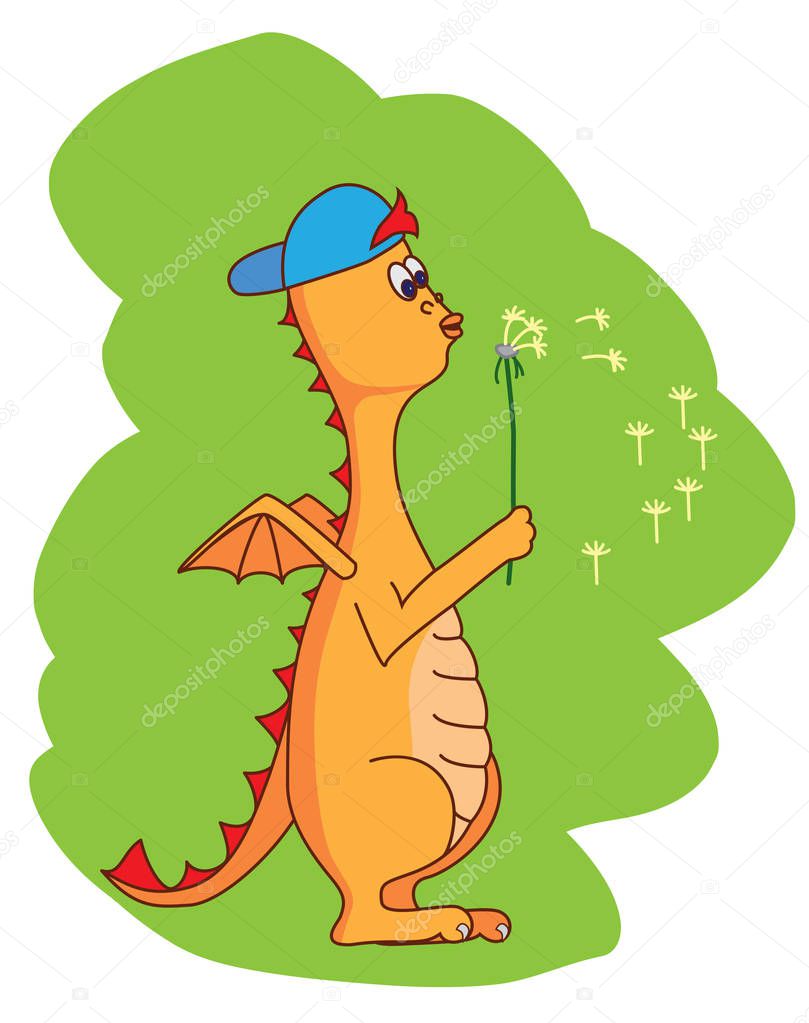 card with hand drawn dragon blowing on dandelion, vector, illustration 