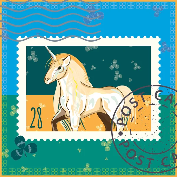 Briefmarke Mit Weißem Einhorn Vektor Illustration — Stockvektor