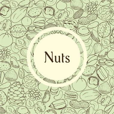 Ceviz fındık yeşil zemin üzerine yuvarlak çerçeve içinde yazı