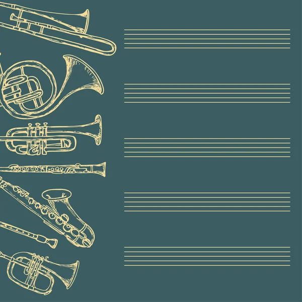 Instrumentos Viento Con Notas Musicales Sobre Fondo Verde Oscuro — Vector de stock