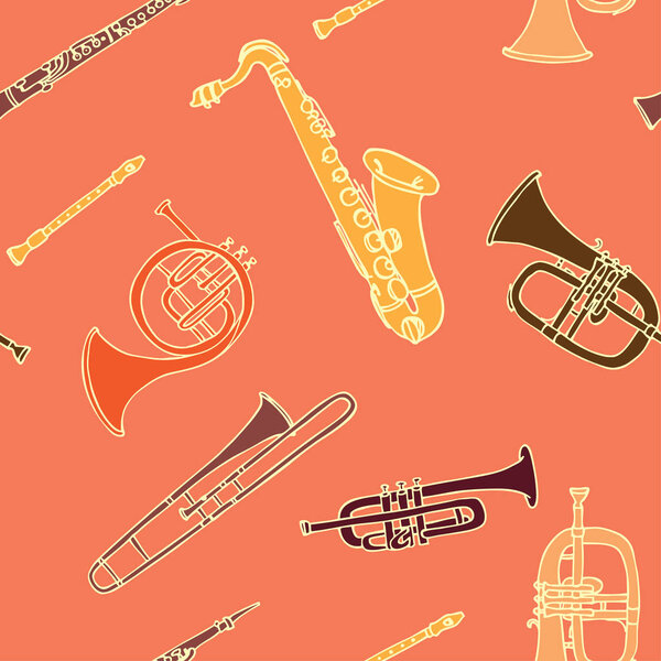 Colorful seamless pattern with different wind instruments