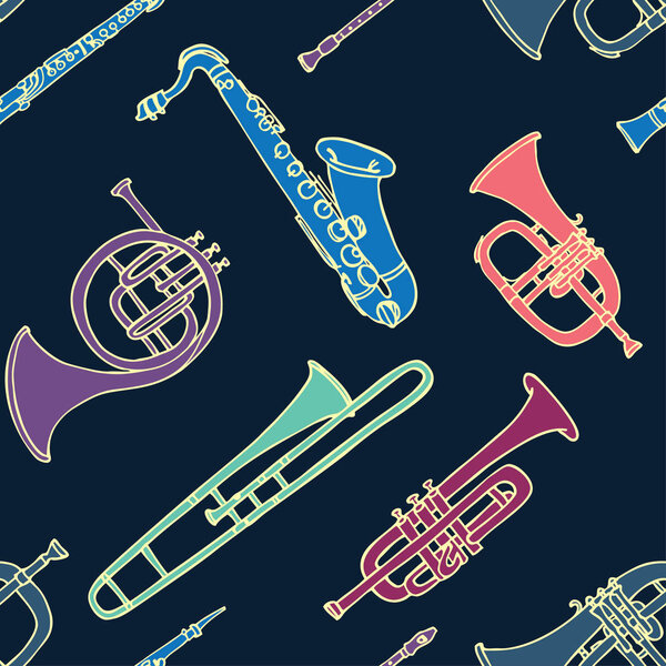 Colorful seamless pattern with different wind instruments