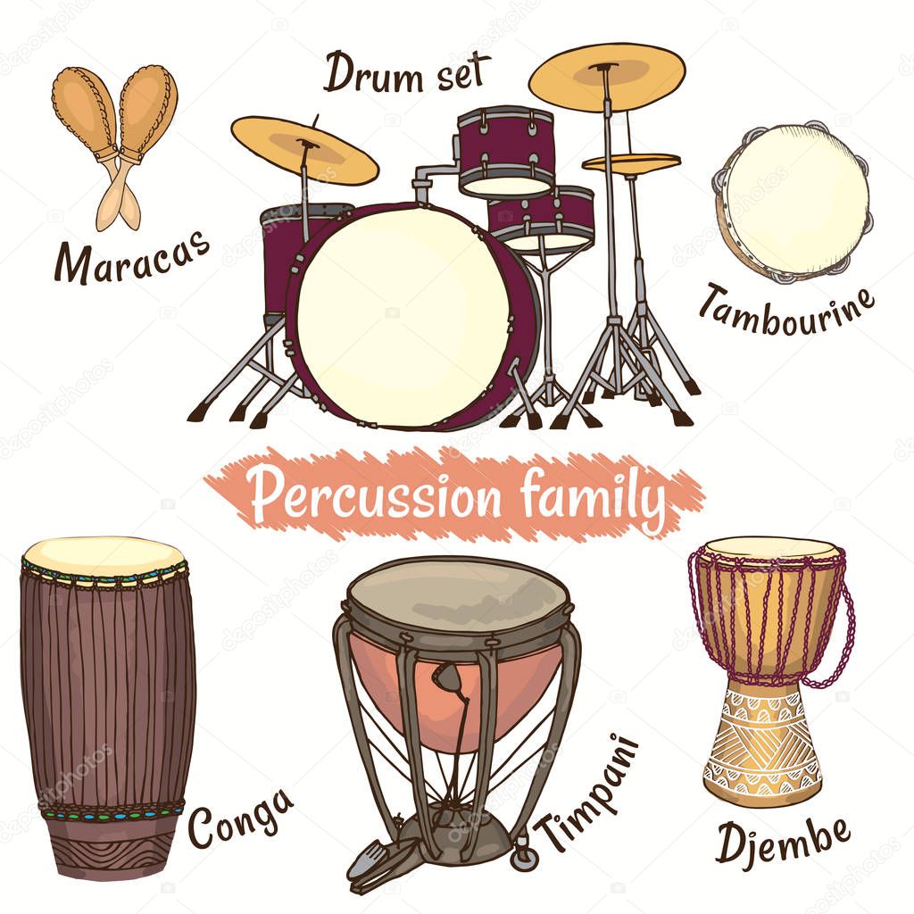 Set of different percussion family instruments isolated on white background