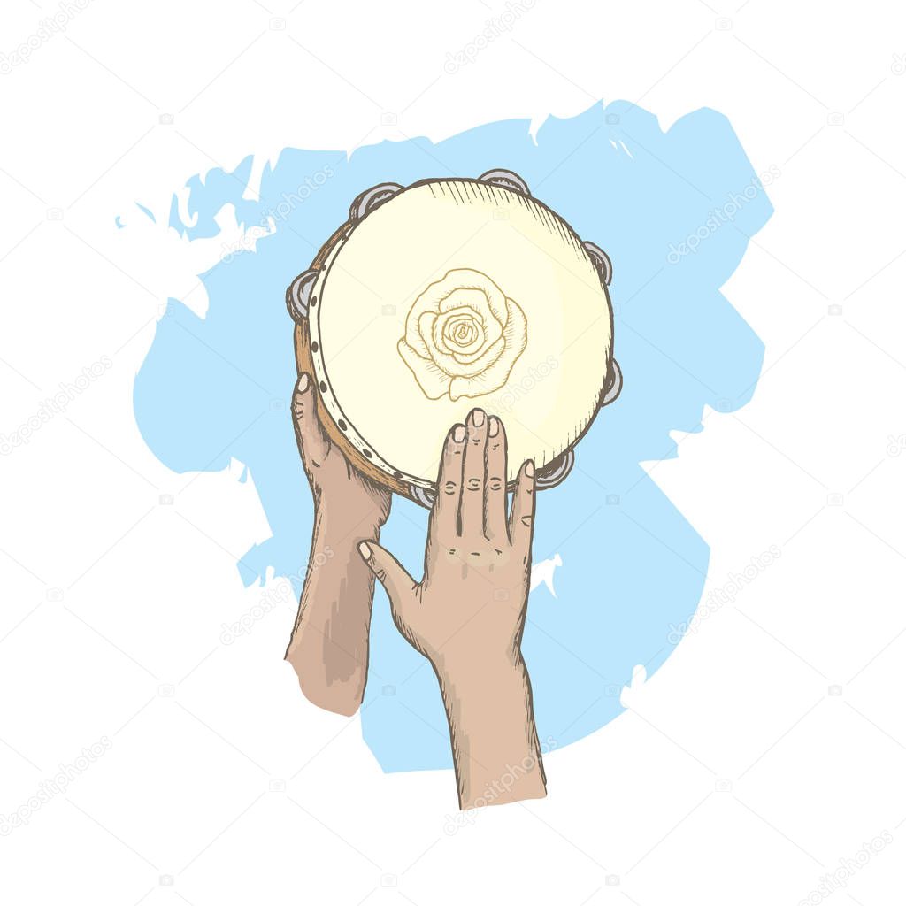 Hand drawn of tambourine musical instrument in hands