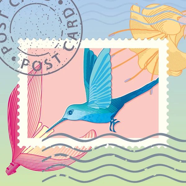 Carimbo Postal Com Colibri Pássaro Vetor Ilustração —  Vetores de Stock
