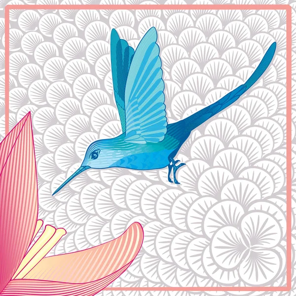 Вітальна Листівка Блакитним Колібрі Птахом Красивою Квіткою Вектор Ілюстрація — стоковий вектор