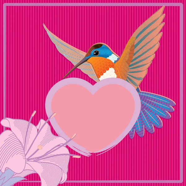 Вітальна Листівка Барвистим Колібрі Птахом Серці Красивою Квіткою Романтична Концепція — стоковий вектор