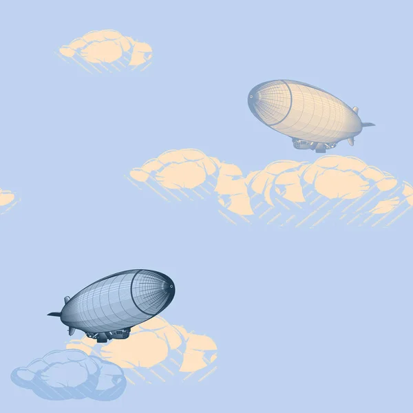 Modèle Avec Dirigeables Dessinés Main Volant Parmi Les Nuages Vecteur — Image vectorielle