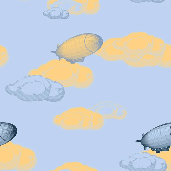 Uçan Bulutlar Vektör Illüstrasyon Arasında Zeplinler Desen Ile Çizilmiş — Stok Vektör