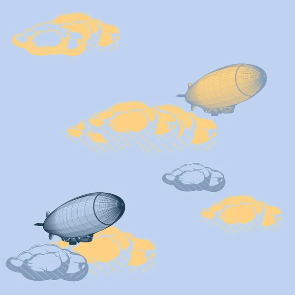 Modèle Avec Dirigeables Dessinés Main Volant Parmi Les Nuages Vecteur — Image vectorielle