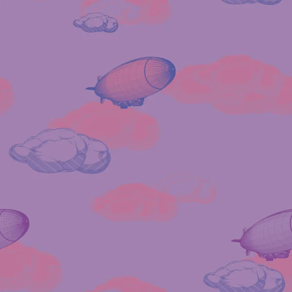 Modèle Avec Dirigeables Dessinés Main Volant Parmi Les Nuages Vecteur — Image vectorielle