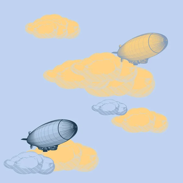Uçan Bulutlar Vektör Illüstrasyon Arasında Zeplinler Desen Ile Çizilmiş — Stok Vektör