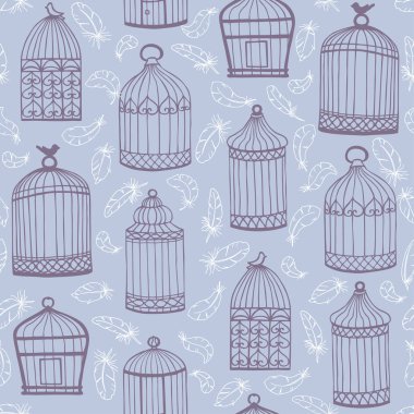 Birdcages ve tüy. Arka plan üzerinde sorunsuz vektör şekli.