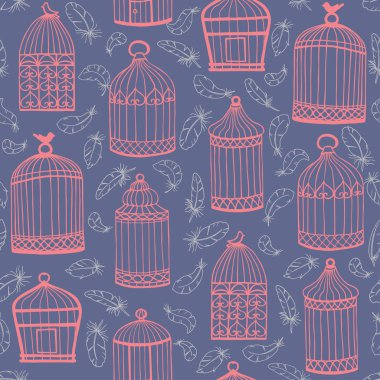 Birdcages ve tüy. Arka plan üzerinde sorunsuz vektör şekli.