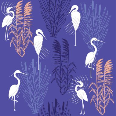 Balıkçıllar ve marsh bitkiler. Seamless modeli