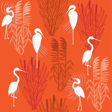 Herons and marsh plants. Seamless pattern clipart