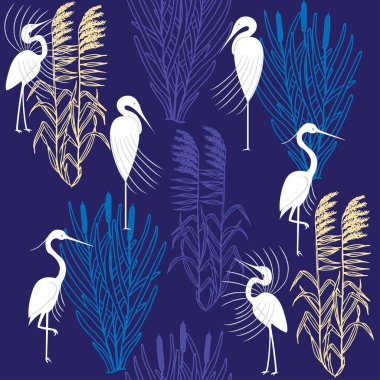 Balıkçıllar ve marsh bitkiler. Seamless modeli