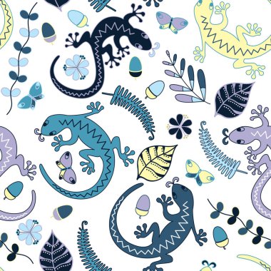 Kertenkeleler, yaprak, çiçek ve arka plan üzerinde meşe palamudu. Seamless modeli.