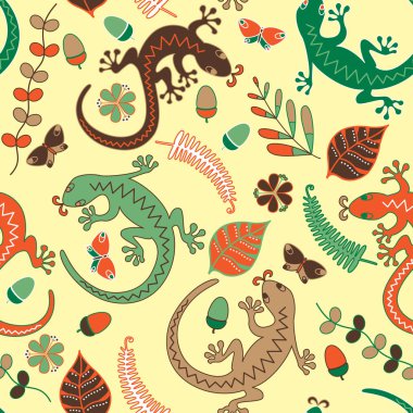 Kertenkeleler, yaprak, çiçek ve arka plan üzerinde meşe palamudu. Seamless modeli.