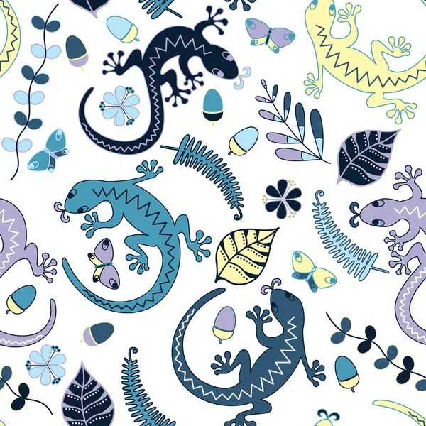 Kertenkeleler, yaprak, çiçek ve arka plan üzerinde meşe palamudu. Seamless modeli.