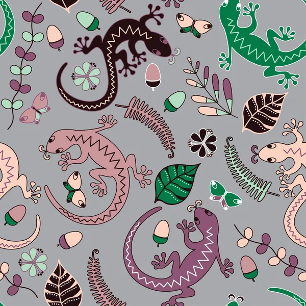 Kertenkeleler, yaprak, çiçek ve arka plan üzerinde meşe palamudu. Seamless modeli.