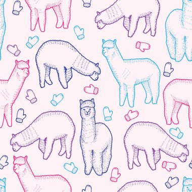 şirin kabarık el çekilmiş alpakas ve mittens desenine beyaz arka plan, vektör çizim