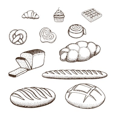Beyaz arka plan, vektör çizim farklı ekmek simgeleri