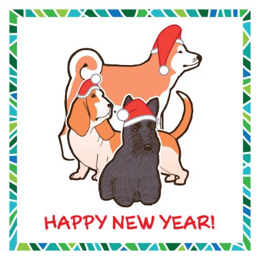 Noel Baba şapkaları, vektör çizim, mutlu yeni yıl kartları ile şirin farklı köpekler çizim 