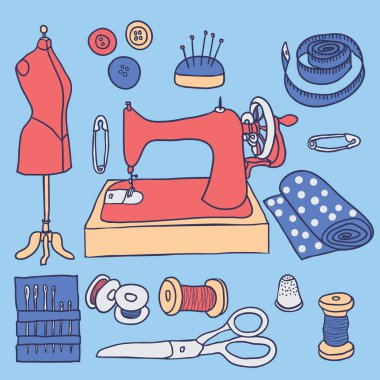Elle çizilmiş dikiş araçlarına ve dikiş makinesi, vektör çizim 