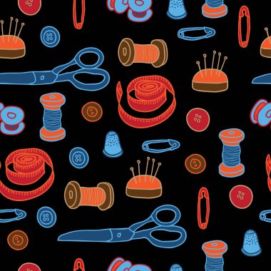 Elle çizilmiş dikiş araçları, vektör çizim seti 