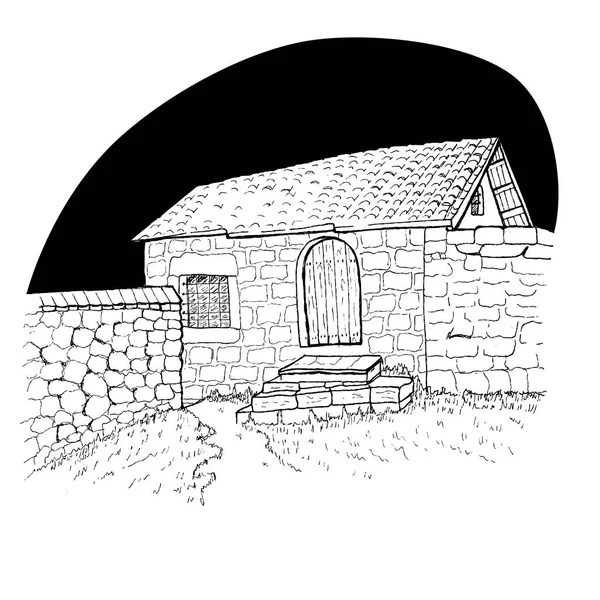 Casa Rural Velha Preto Branco Ilustração Vetorial — Vetor de Stock