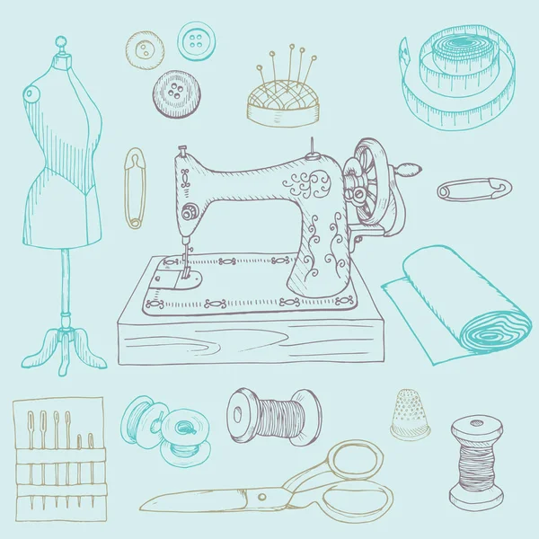 手拉缝制工具和缝纫机套装 矢量插图 — 图库矢量图片