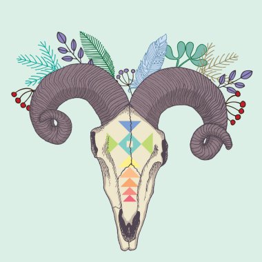 RAM'ın kafatası kış tasarım öğeleri ile. Çizilmiş vektör çizim el