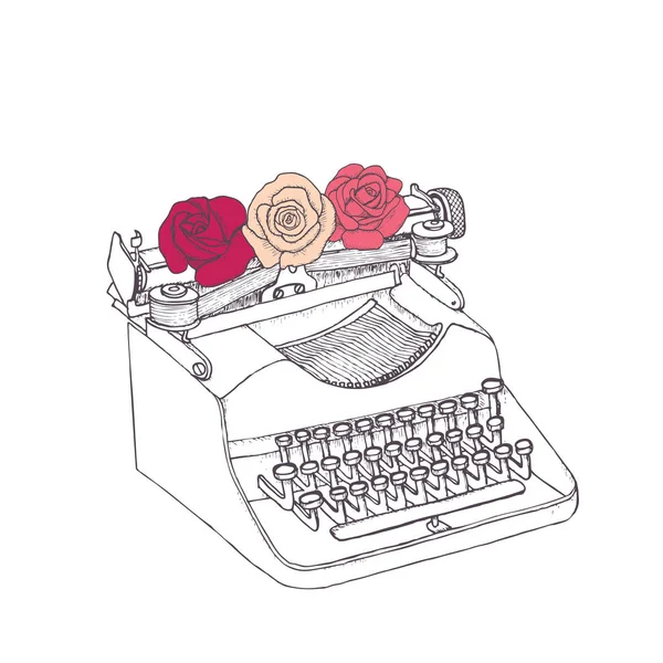 Máquina Escribir Vintage Con Rosas Ilustración Vectorial — Vector de stock