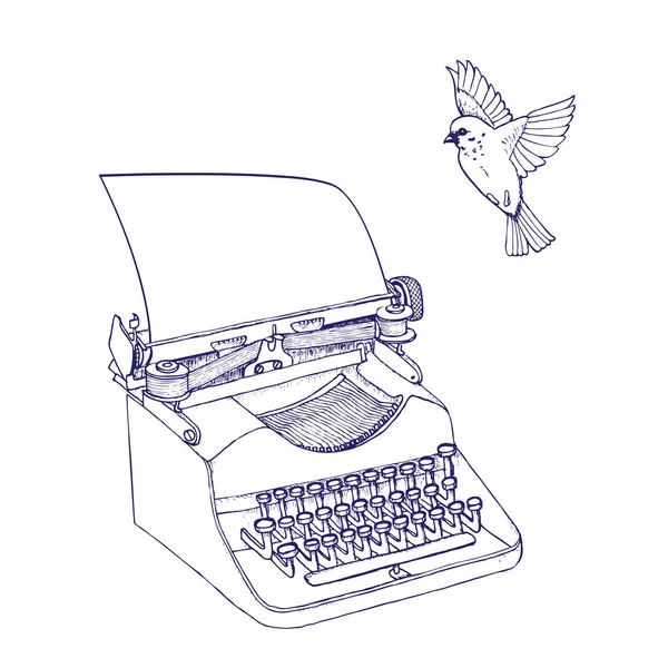 Вінтажна Друкарська Машинка Папером Птахом Векторні Ілюстрації — стоковий вектор