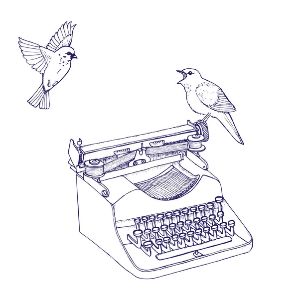 Máquina Escrever Vintage Com Papel Pássaro Sentado Sobre Ele Ilustração —  Vetores de Stock