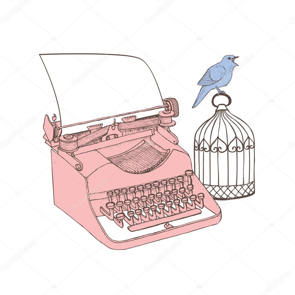 vintage typewriter with paper and bird sitting on cage, vector illustration