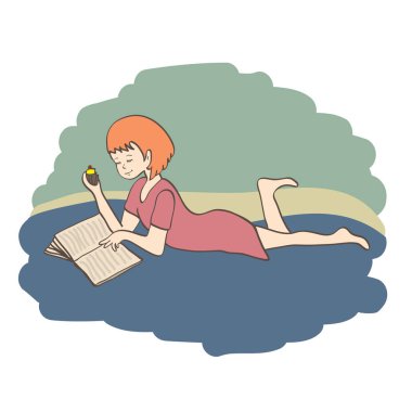 Sevimli küçük kız kitap okuma karnına yalan. Anahat vektör çizim.