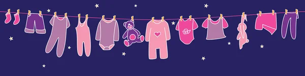 Vêtements Jouets Pour Filles Séchant Sur Corde Linge Bannière — Image vectorielle