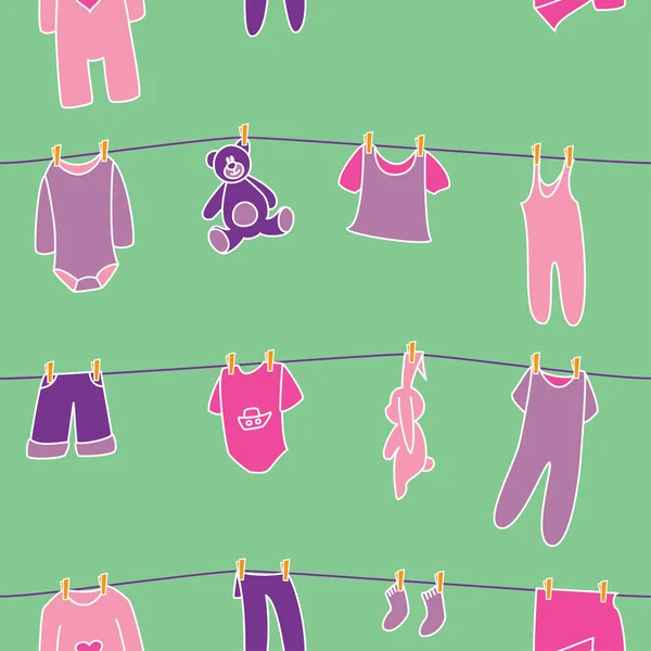 Kız Giysi Gökyüzü Arka Plan Üzerinde Clothesline Üzerinde Kurutma Oyuncaklar — Stok Vektör