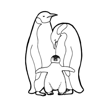 Penguenler aile. Anahat vektör çizim.