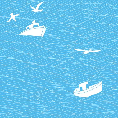 Dalgalar, martı ve balıkçı teknesi ile kesintisiz deniz desen.